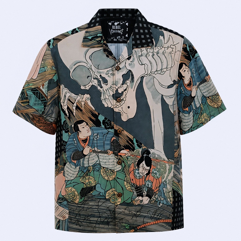 REBEL VENGEANCE Tapestry Shirt Mens Medium Multi RN168055 Japanese Skeleton Art
